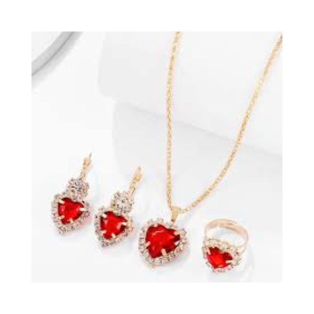 Colar Brinco Anel Feminino Ouro Pedra Vermelha 18K